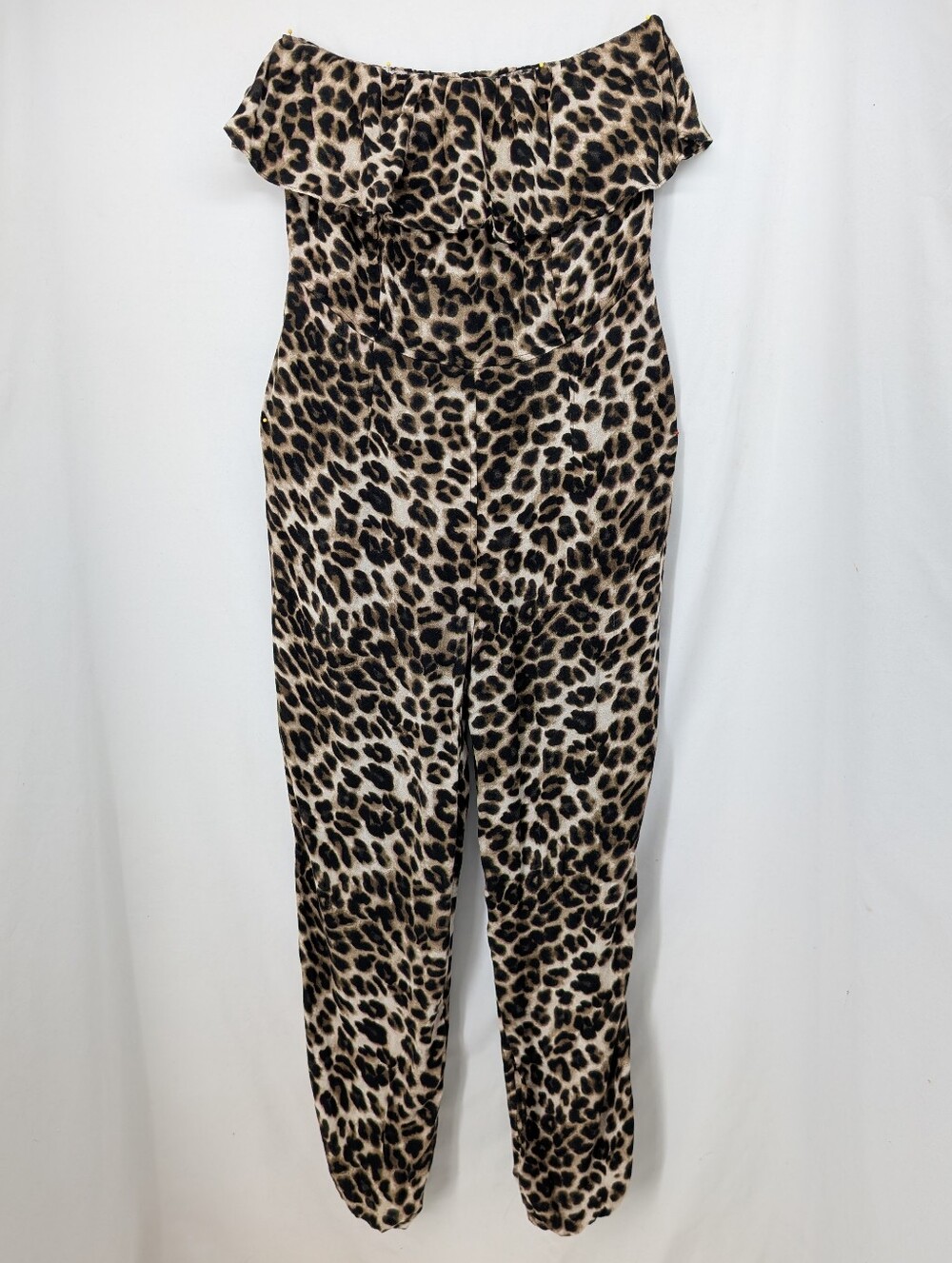 New York & Company Leopard Print Strapless Jumpsuit L Tall - Beige, Black